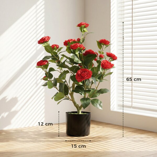 HOMCOM Pianta Artificiale di Camelia 65 cm, Albero Artificiale in Vaso con Fiori in Seta Realistici e 116 Foglie, Effetto Muschio, Rosso | Aosom Italy