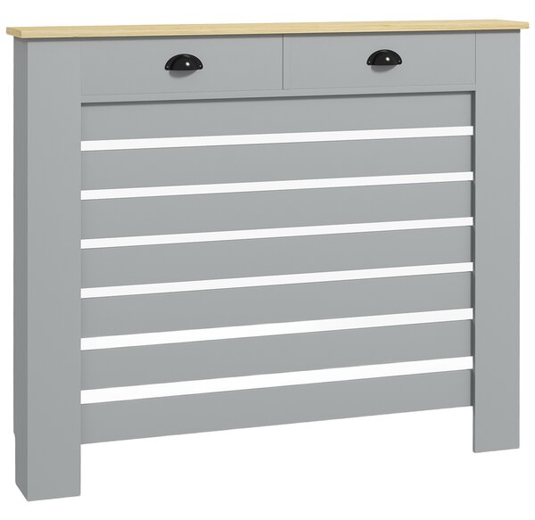 HOMCOM Copritermosifone in MDF a Doghe, Copricalorifero a Griglia con 2 Cassetti, 111x19x95.5 cm, Grigio | Aosom Italy