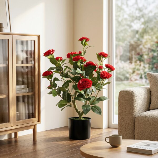 HOMCOM Pianta Artificiale di Camelia 65 cm, Albero Artificiale in Vaso con Fiori in Seta Realistici e 116 Foglie, Effetto Muschio, Rosso | Aosom Italy