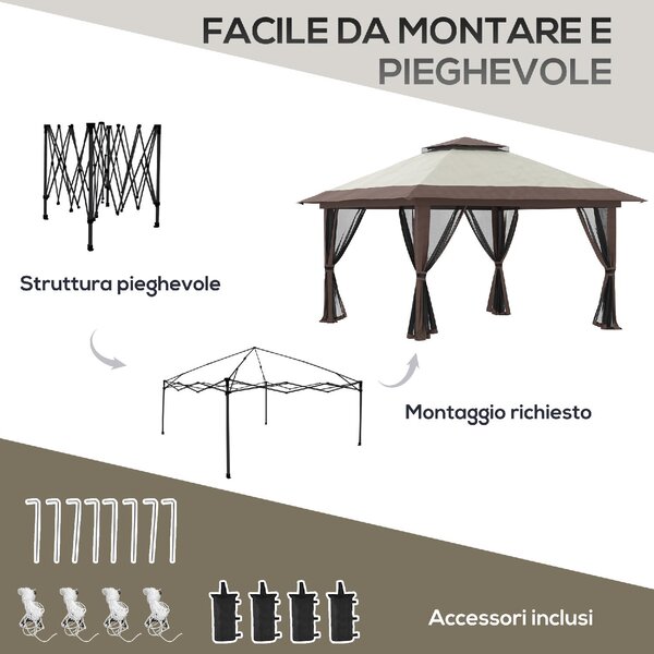 VivaGarden Gazebo da Giardino 4x4 mt Pieghevole in Metallo/Tessuto con Doppio tetto e Tende colore Beige