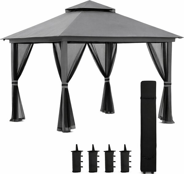 VivaGarden Gazebo da Giardino 4x4 mt Pieghevole in Metallo/Tessuto con Doppio tetto e Tende colore Grigio
