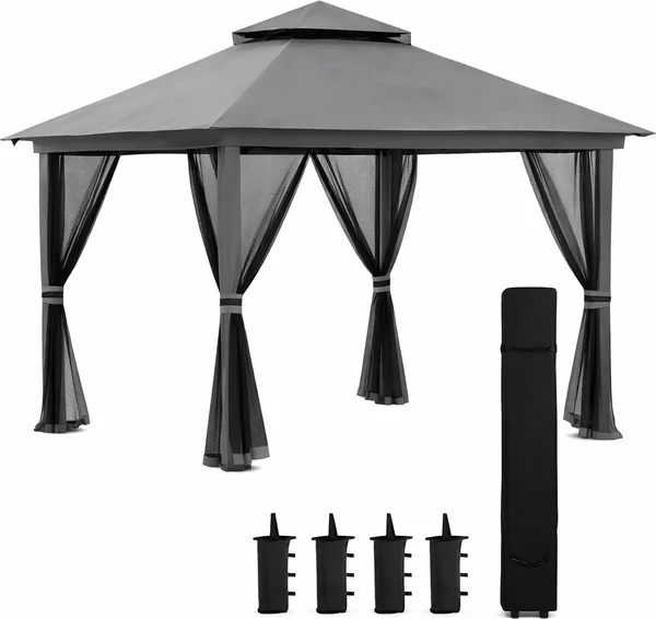 VivaGarden Gazebo da Giardino 4x4 mt Pieghevole in Metallo/Tessuto con Doppio tetto e Tende colore Grigio