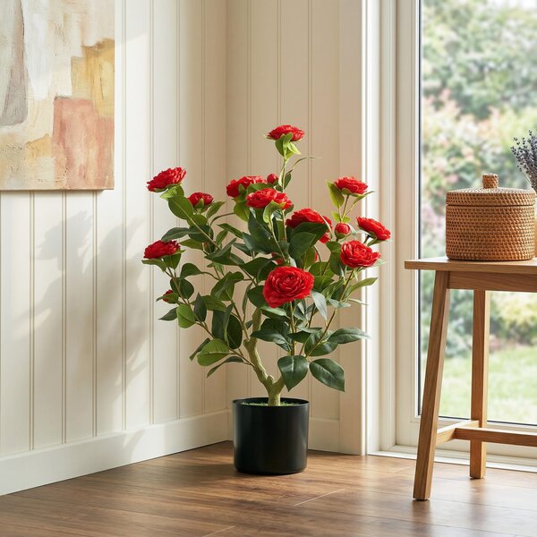 HOMCOM Pianta Artificiale di Camelia 65 cm, Albero Artificiale in Vaso con Fiori in Seta Realistici e 116 Foglie, Effetto Muschio, Rosso | Aosom Italy