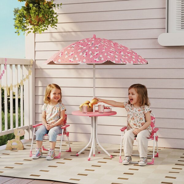 AIYAPLAY Set da Giardino per Bambini a Tema Giungla con 2 Sedie Pieghevoli, Ombrellone e Tavolino Rotondo, Rosa | Aosom Italy