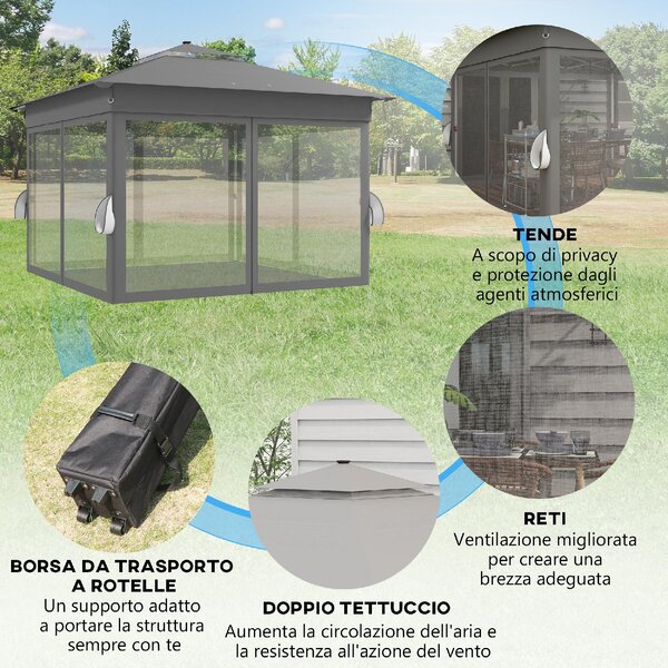 VivaGarden Gazebo da Giardino 6x3 mt in Acciaio/Tessuto con Doppio tetto Protezione raggi UV e Tende colore Grigio