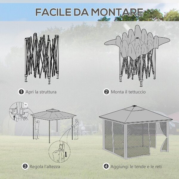 VivaGarden Gazebo da Giardino 6x3 mt in Acciaio/Tessuto con Doppio tetto Protezione raggi UV e Tende colore Grigio