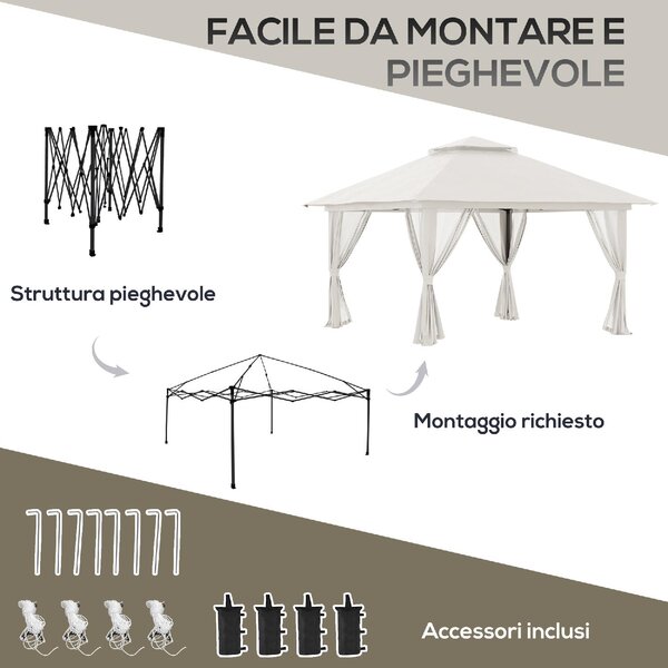 VivaGarden Gazebo da Giardino 4x4 mt Pieghevole in Metallo/Tessuto con Doppio tetto e Zanzariere colore Crema