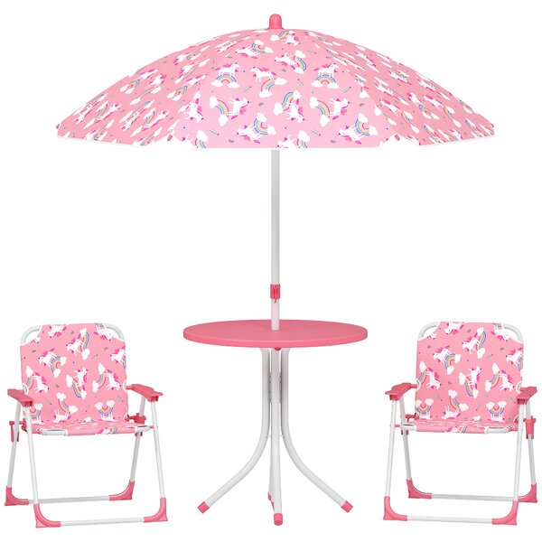 AIYAPLAY Set da Giardino per Bambini a Tema Giungla con 2 Sedie Pieghevoli, Ombrellone e Tavolino Rotondo, Rosa | Aosom Italy