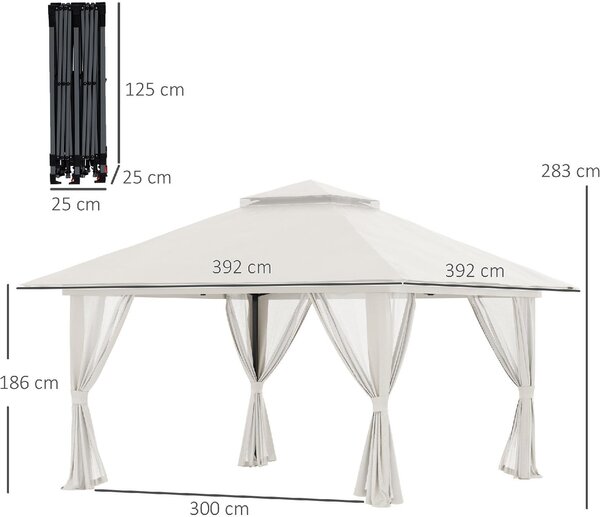 VivaGarden Gazebo da Giardino 4x4 mt Pieghevole in Metallo/Tessuto con Doppio tetto e Zanzariere colore Crema
