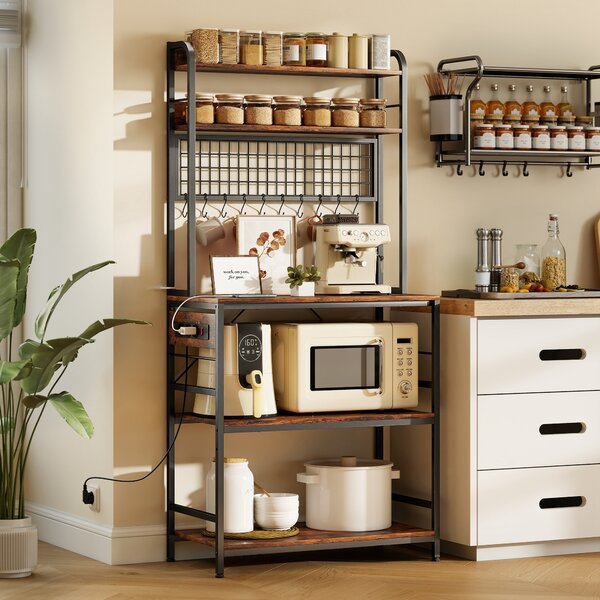 HOMCOM Scaffale da Cucina con Stazione di Ricarica, 5 Ripiani e 10 Ganci a S, in Legno e Acciaio, 80x40x170 cm, Marrone | Aosom Italy