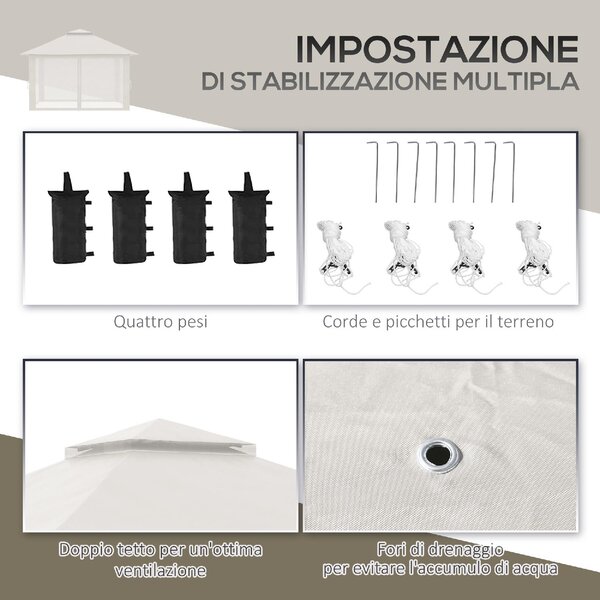 VivaGarden Gazebo da Giardino 4x4 mt Pieghevole in Metallo/Tessuto con Doppio tetto e Zanzariere colore Crema