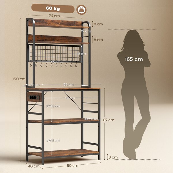 HOMCOM Scaffale da Cucina con Stazione di Ricarica, 5 Ripiani e 10 Ganci a S, in Legno e Acciaio, 80x40x170 cm, Marrone | Aosom Italy
