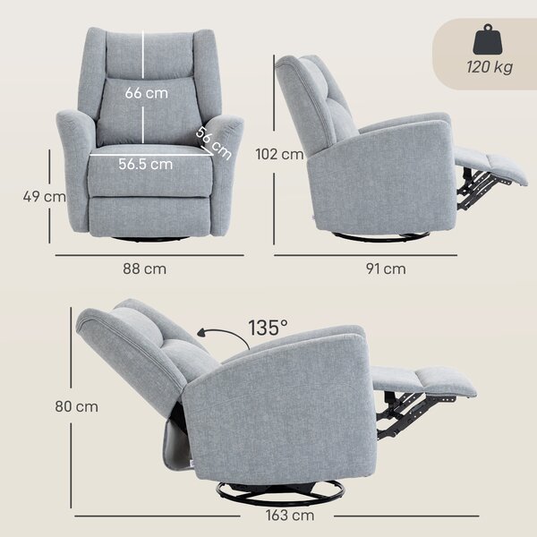 HOMCOM Poltrona Reclinabile a Dondolo con Funzione Girevole per Soggiorno, 163x88x102 cm, Grigio Chiaro | Aosom Italy