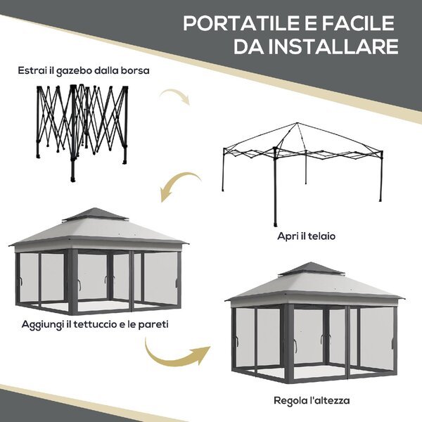 VivaGarden Gazebo da Giardino 3x3 mt in Acciaio/Tessuto con Doppio tetto Protezione raggi UV e Zanzariere colore Grigio