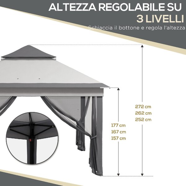 VivaGarden Gazebo da Giardino 3x3 mt in Acciaio/Tessuto con Doppio tetto Protezione raggi UV e Zanzariere colore Grigio