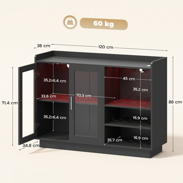 HOMCOM Mobile Portabottiglie con Luce LED e Scaffale Regolabile, in Legno e Vetro, 120x38x88 cm, Nero | Aosom Italy
