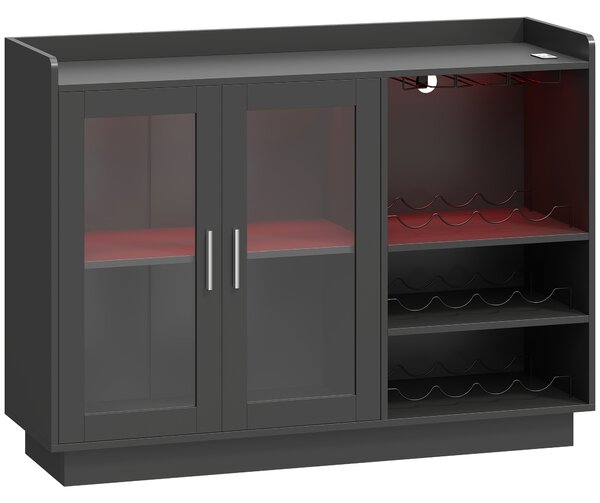 HOMCOM Mobile Portabottiglie con Luce LED e Scaffale Regolabile, in Legno e Vetro, 120x38x88 cm, Nero | Aosom Italy