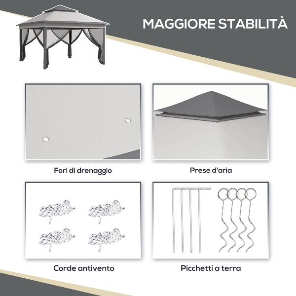 VivaGarden Gazebo da Giardino 3x3 mt in Acciaio/Tessuto con Doppio tetto Protezione raggi UV e Zanzariere colore Grigio
