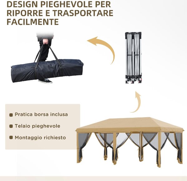 VivaGarden Gazebo da Giardino 6x3 mt Pieghevole in Acciaio/Tessuto con Tende colore Beige