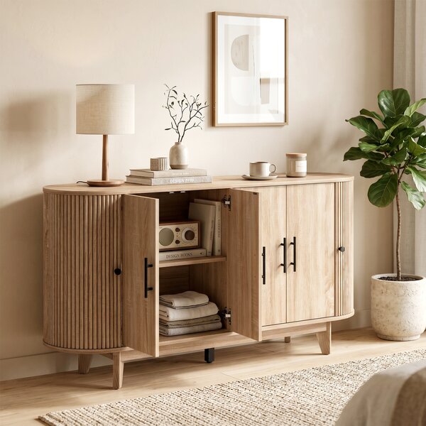 HOMCOM Credenza da Cucina con 4 ante e 2 Ripiani Regolabili, Buffet Mobile Soggiorno Ovale, 147x40x76 cm, Rovere | Aosom Italy