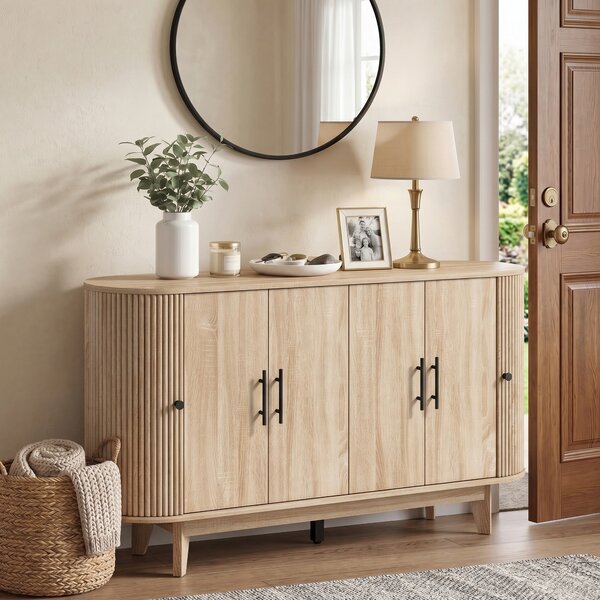 HOMCOM Credenza da Cucina con 4 ante e 2 Ripiani Regolabili, Buffet Mobile Soggiorno Ovale, 147x40x76 cm, Rovere | Aosom Italy