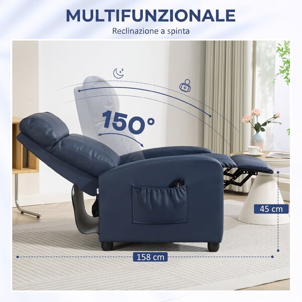HOMCOM Poltrona Massaggiante Reclinabile Manuale in Pelle PU con Telecomando, 2 Punti di Massaggio e Poggiapiedi, Blu Scuro | Aosom Italy