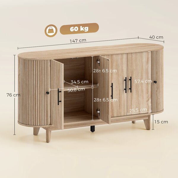 HOMCOM Credenza da Cucina con 4 ante e 2 Ripiani Regolabili, Buffet Mobile Soggiorno Ovale, 147x40x76 cm, Rovere | Aosom Italy