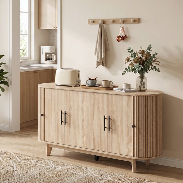 HOMCOM Credenza da Cucina con 4 ante e 2 Ripiani Regolabili, Buffet Mobile Soggiorno Ovale, 147x40x76 cm, Rovere | Aosom Italy