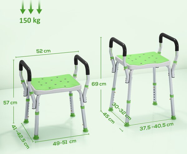 HOMCOM Sgabello Doccia in Alluminio ad Altezza Regolabile con Braccioli e Piedini Antiscivolo, Verde | Aosom Italy