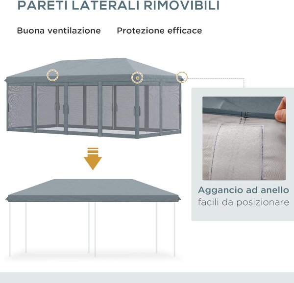 VivaGarden Gazebo da Giardino 6x3 mt Pieghevole in Acciaio/Tessuto con Zanzariere colore Grigio