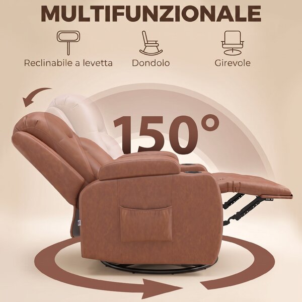 HOMCOM Poltrona Massaggiante Reclinabile Manuale 150° Riscaldante, Telecomando, Portabicchieri, Pelle PU, Marrone Chiaro | Aosom Italy