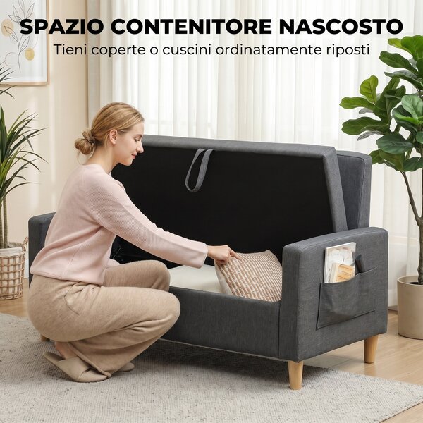 HOMCOM Divano 2 Posti con 2 Cuscini Rimovibili e Spazio Portaoggetti, in Tessuto Effetto Lino, Grigio Scuro | Aosom Italy