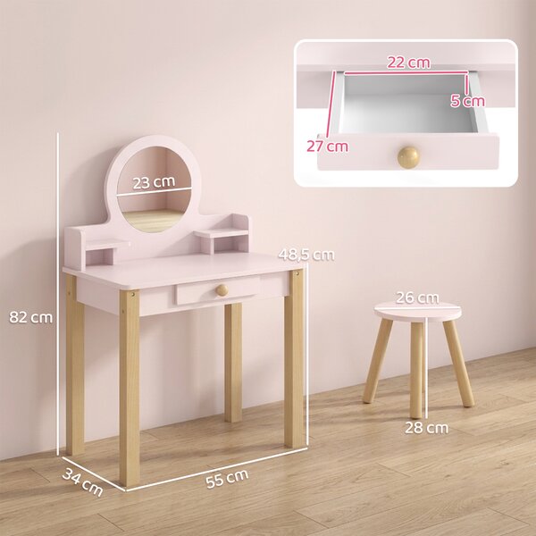 AIYAPLAY Set Toeletta Trucco Bambina con Sgabello, Specchio, Cassetto, in Legno di Pino e MDF, Età 3-6 Anni, Rosa | Aosom Italy