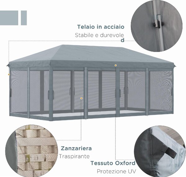 VivaGarden Gazebo da Giardino 6x3 mt Pieghevole in Acciaio/Tessuto con Zanzariere colore Grigio