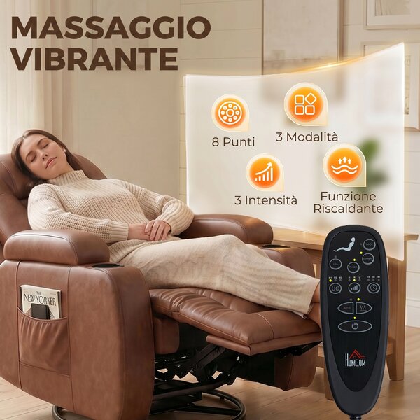 HOMCOM Poltrona Massaggiante Reclinabile Manuale 150° Riscaldante, Telecomando, Portabicchieri, Pelle PU, Marrone Chiaro | Aosom Italy