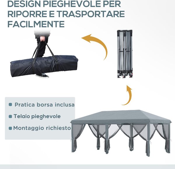 VivaGarden Gazebo da Giardino 6x3 mt Pieghevole in Acciaio/Tessuto con Zanzariere colore Grigio