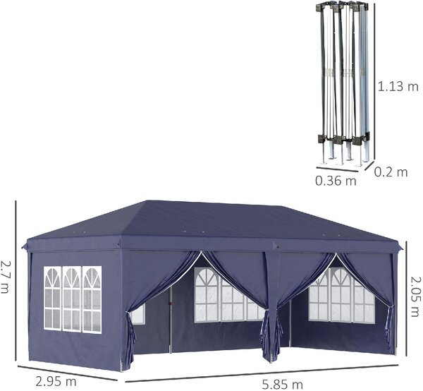 VivaGarden Gazebo da Giardino 6x3 mt Tendone per Feste Pieghevole in Acciaio/Tessuto con Protezione raggi UV e Tende Laterali con Finestre colore Blu
