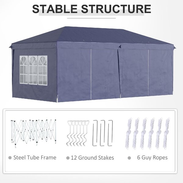 VivaGarden Gazebo da Giardino 6x3 mt Tendone per Feste Pieghevole in Acciaio/Tessuto con Protezione raggi UV e Tende Laterali con Finestre colore Blu
