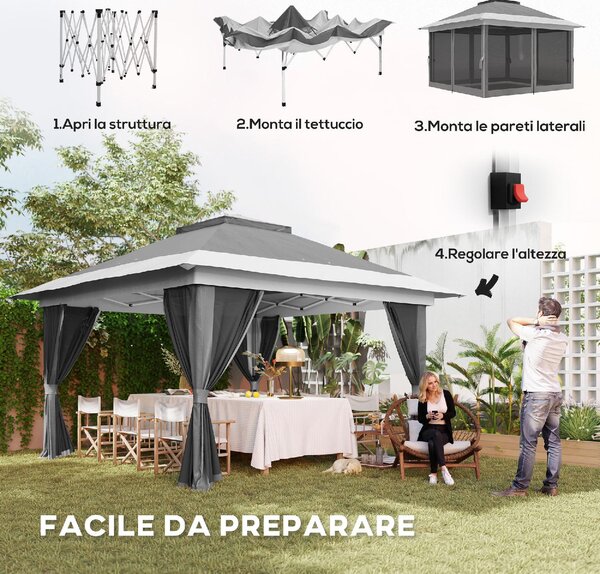 VivaGarden Gazebo da Giardino 6x3 mt Pieghevole in Metallo/Tessuto con Doppio tetto Protezione raggi UV e Tende colore Grigio