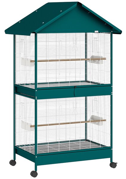 PawHut Gabbia per Uccelli su Ruote con Separatore Rimovibile, 6 Mangiatoie e 4 Posatoi, 2 vassoi Estraibili, 94x70x158 cm, Verde | Aosom Italy