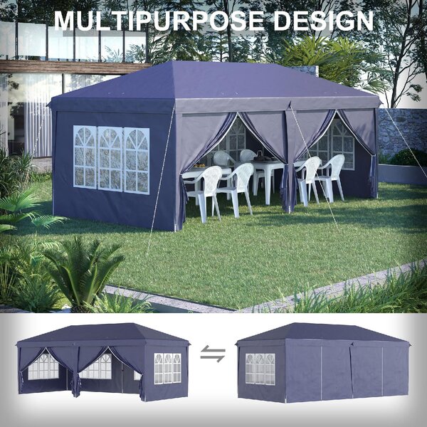 VivaGarden Gazebo da Giardino 6x3 mt Tendone per Feste Pieghevole in Acciaio/Tessuto con Protezione raggi UV e Tende Laterali con Finestre colore Blu