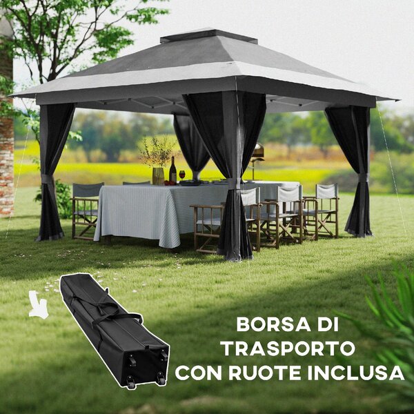 VivaGarden Gazebo da Giardino 6x3 mt Pieghevole in Metallo/Tessuto con Doppio tetto Protezione raggi UV e Tende colore Grigio