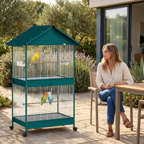 PawHut Gabbia per Uccelli su Ruote con Separatore Rimovibile, 6 Mangiatoie e 4 Posatoi, 2 vassoi Estraibili, 94x70x158 cm, Verde | Aosom Italy