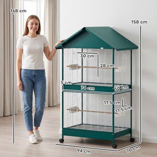 PawHut Gabbia per Uccelli su Ruote con Separatore Rimovibile, 6 Mangiatoie e 4 Posatoi, 2 vassoi Estraibili, 94x70x158 cm, Verde | Aosom Italy