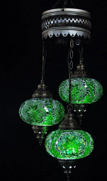 Lampada a sospensione in vetro verde con mosaico - Lampadario turco in stile orientale a 3 sfere - Realizzata a mano e unica nel suo genere