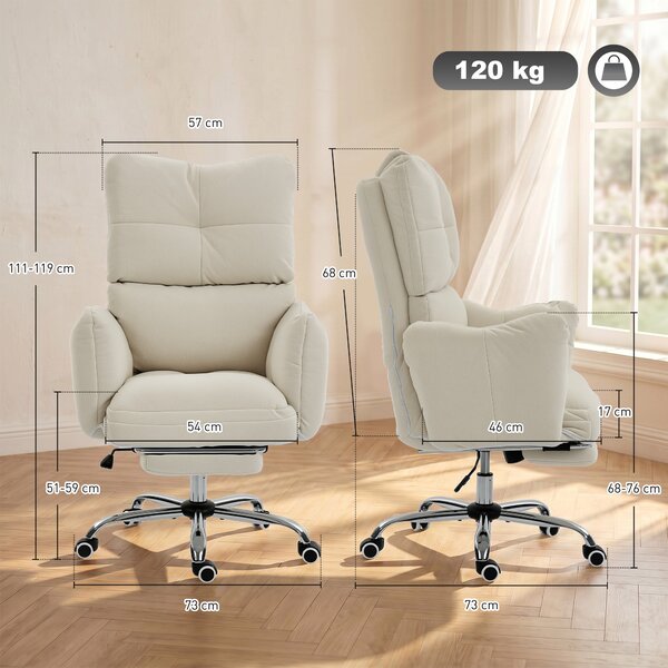 HOMCOM Sedia da Ufficio Ergonomica con Poggiapiedi e Imbottitura Spessa, Patrona per Gaming e Computer, 73x73x119 cm, Bianco Crema | Aosom Italy