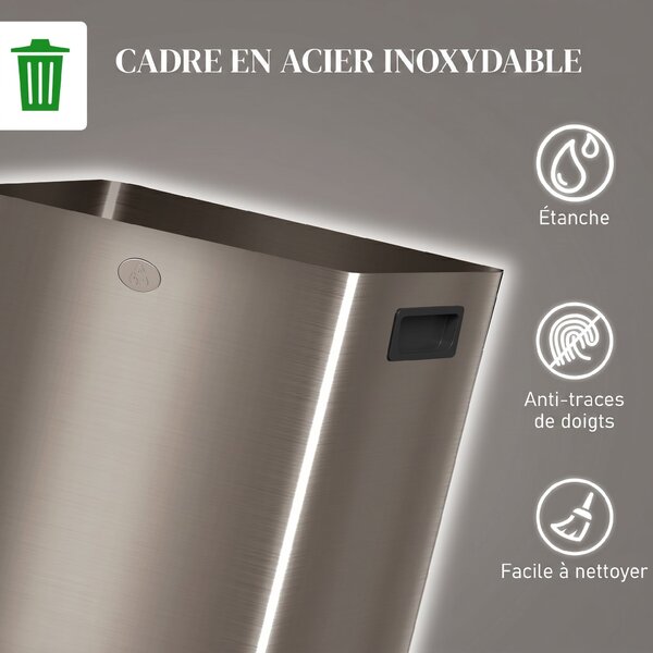 HOMCOM Pattumiera 2 Scomparti da Cucina 2 x 20 L con Chiusura Ammortizzata in Acciaio Inossidabile, 45.8x36x51.6 cm, Oro | Aosom Italy