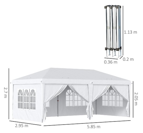 VivaGarden Gazebo da Giardino 6x3 mt Tendone per Feste Pieghevole in Acciaio/Tessuto Tende Laterali con Finestre colore Bianco