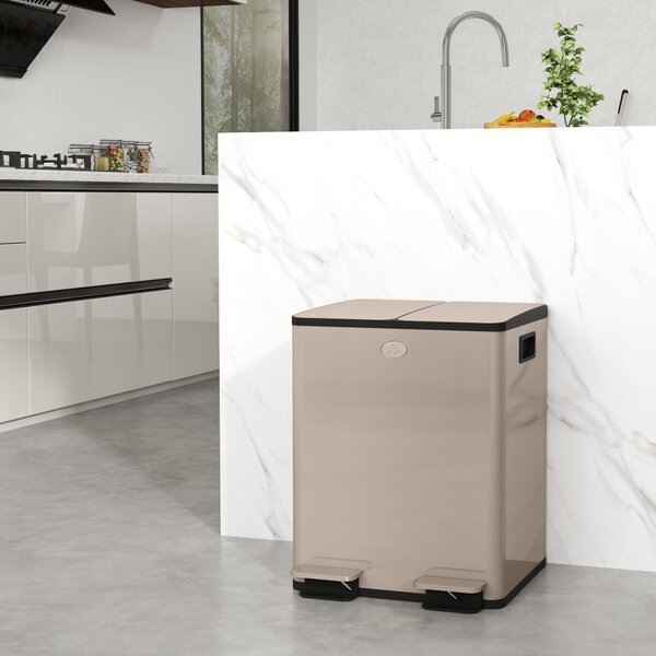 HOMCOM Pattumiera 2 Scomparti da Cucina 2 x 20 L con Chiusura Ammortizzata in Acciaio Inossidabile, 45.8x36x51.6 cm, Oro | Aosom Italy