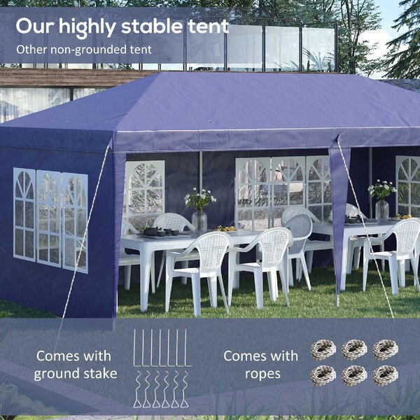 VivaGarden Gazebo da Giardino 6x3 mt Tendone per Feste Pieghevole in Acciaio/Tessuto Tende Laterali con Finestre colore Blu